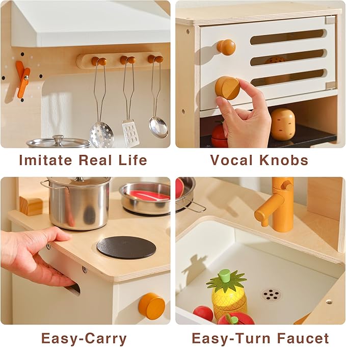 PairPear Wooden Play Kitchen for Kids, XL Large Toy Kitchen Playset with Coffee Maker, Fridge & Large Storage System, Pretend Toy Food Cooking Set Play Kitchen Accessory for Kids Ages 3+