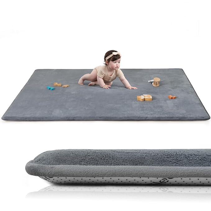 Baby Play Mat for Floor,Extra Large 59"×71" Playpen Mat for Tummy Time,Thicker Elasti Foam Mat for Toddler,Infant,Kids,Water Repellent Ultra Soft Velvet,Non-Slip Backing Safe for Crawling(Dark Grey)