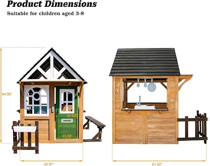 Kids Playhouse Outdoor, Wooden Play House Playset with Kitchen, Fence, Bench, Dog Door, Doorbell & Flower Pot,Fun Backyard Cottage for Ages 3-8 (Green)