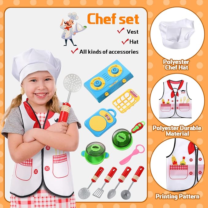 Deekin 3 Sets Kids Dress Up Clothes for Play Age 3-7 Ages, Toddler Dress Up Costumes Vest Role Play Community Helpers Construction Worker, Chef, Explorer for Boys Girls Costumes Accessories