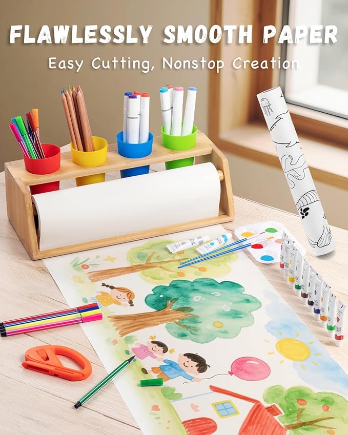 Paper Roll Dispenser for Kids Art Tabletop Easel with Blank & Patterned Paper Rolls, 12 Pigments, Drawing Tools, Pen Cups Craft Station for Kids Ages 3-8 in Home, Classroom
