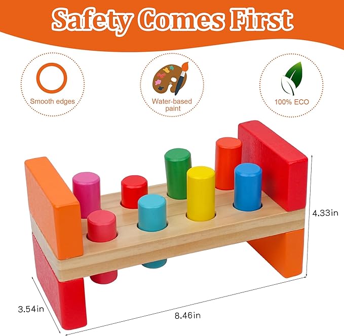 Hidoggy Wooden Hammer Toy for Toddlers 1-3, Montessori Pounding Bench Toy with 8 Pegs and Mallet for Hand-Eye Coordination, STEAM Toddler Toy
