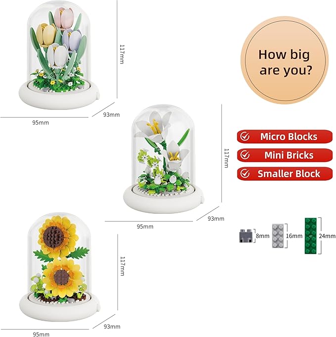 Botanical Flower Micro Blocks Set for Adults and Teens,600 PCS Mini Bricks Artificial Flowers with Light for Birthday and Gift, Lily, Sunflower and Tulip
