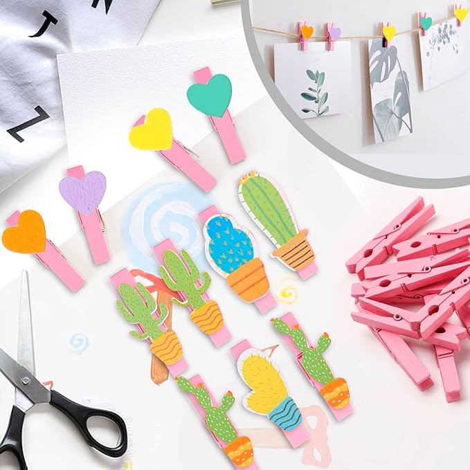 50PCS Colored Wooden Clothespins, 2.9inch Pink Clothes Pins for Clip Pictures Photos Decorative, Small Colorful Wood Decoration Closepins Clips