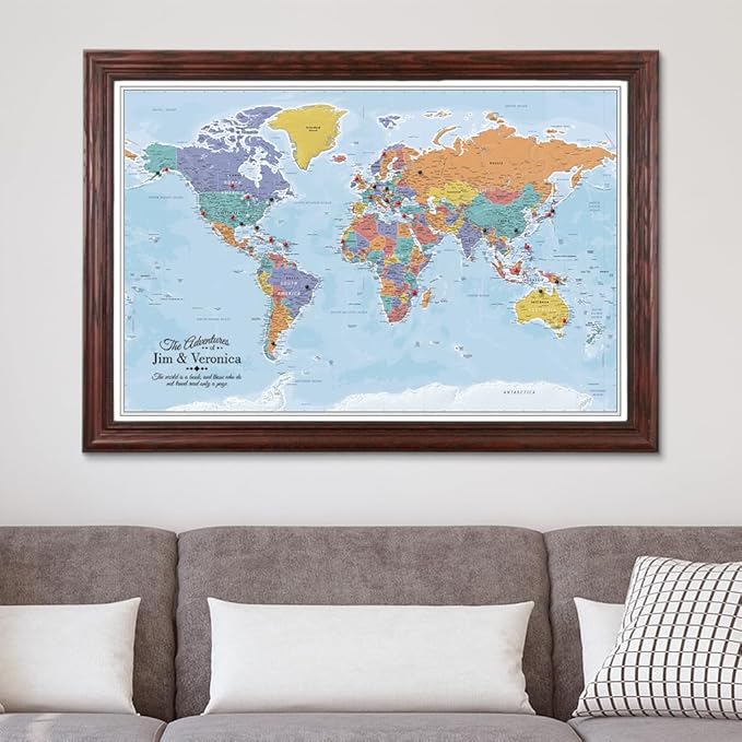 Canvas - Personalized Blue Oceans World Push Pin Travel Map with Solid Wood Cherry Red Frame