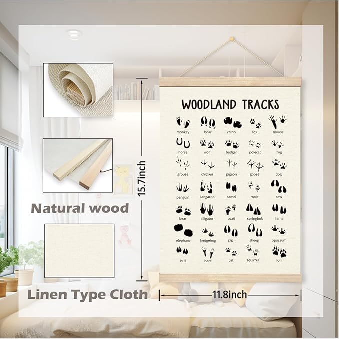 Geondos Woodland Tracks Wall Poster, Canvas Hanging Banner, Animal Tracks Field Guide Sign, Forest Nursery Decor, Wall Door Decoration for Kids Room,Classroom, Playroom Cabin