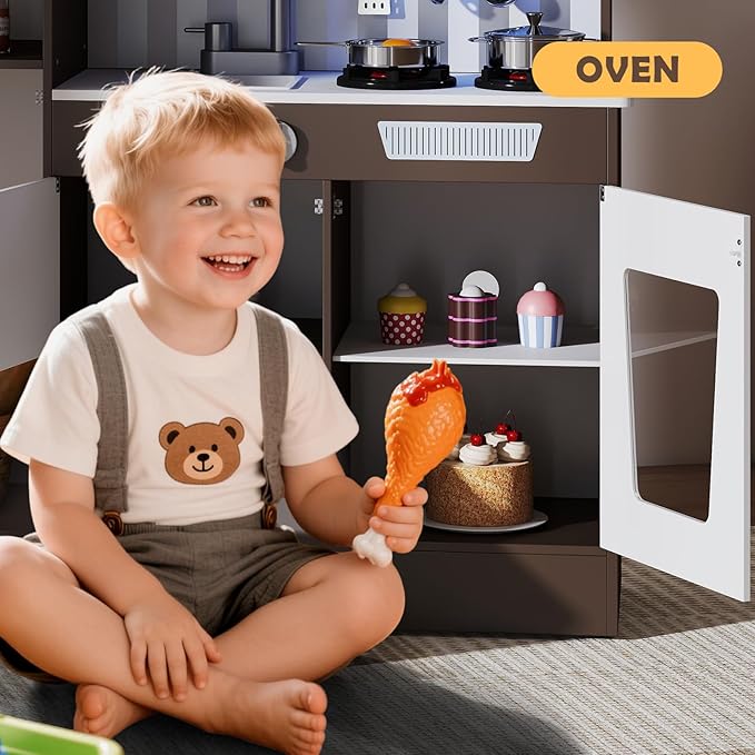 JOYDIAS Kids Play Kitchen Set, Pretend Wooden Kid Kitchen Playset Toy Kitchen w/Sound and Light, Oven, Ice Maker, Blackboard & Toy Storage Box, Toddler Kitchen Accessories for Kids Ages 3+
