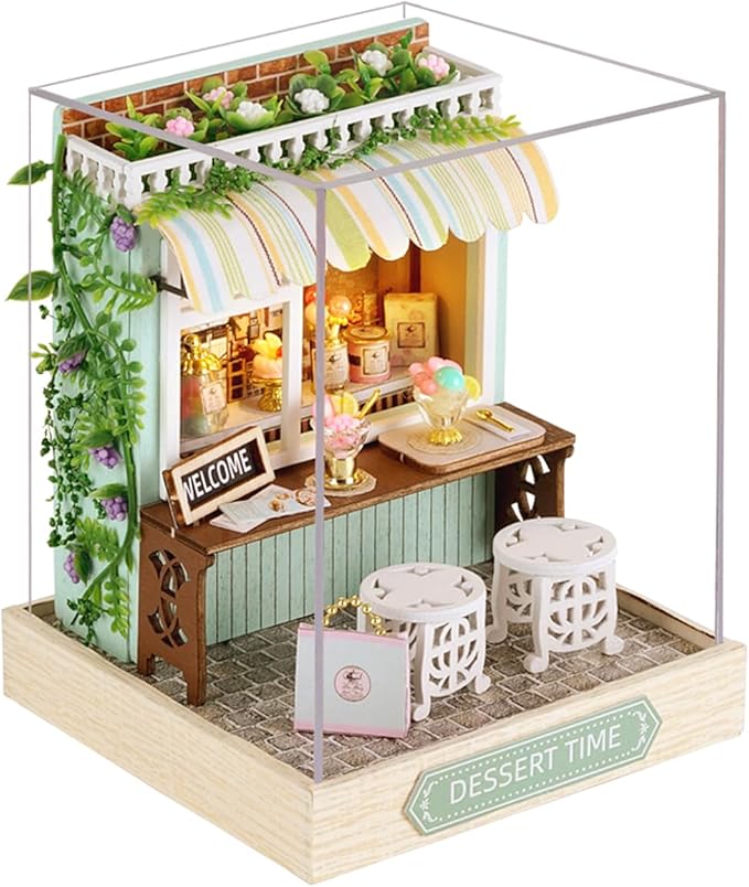 Miniature House Kit, CUTEROOM Tiny House Kit Wooden Dollhouse Kit Mini House Making Kit with Dust Cover, DIY Dollhouse Kit Birthday Gift (Dessert Time)