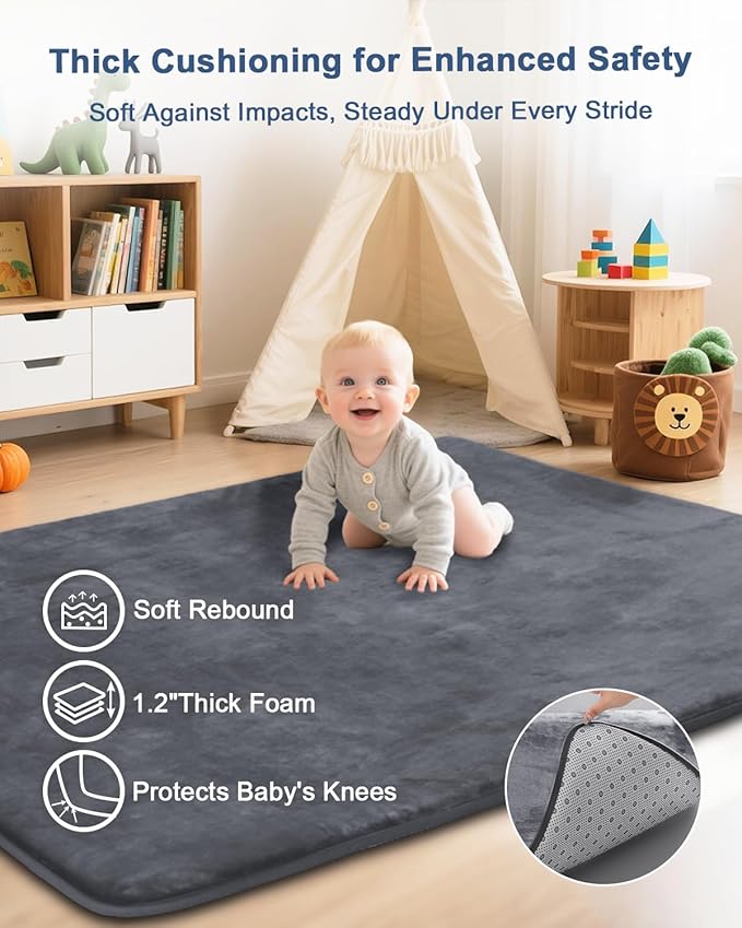 Large Thick Baby Play Mat for Floor,Padded Foam 59x79 Playpen Mat, Soft Support&Plush Feel Nursery Rug,Non Slip for Toddler,Infants,Kids Play,Yoga,Baby Crawling,Tummy Time (Dark Grey)