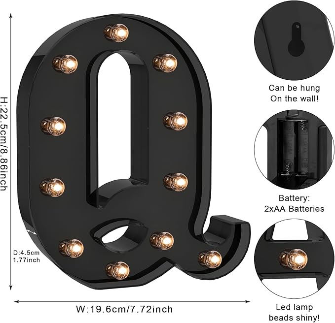Foaky Black LED Letter Lights for Room Decor - Bedroom Wall Decor, Alphabet Lights for Home, Wedding, Party - Battery Operated （Q）