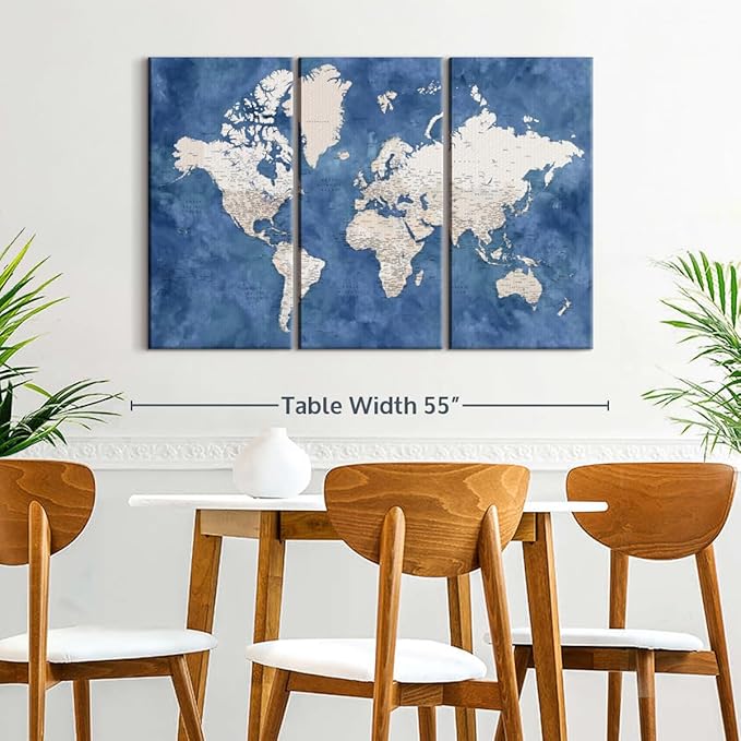 ElephantStock Detailed World Map With Cities I Wall Art - Horizontal Canvas - 3-Piece Living Room Decor - Watercolor Map Canvas Print - Beige and Blue Wall Decor by Blursbyai - 50" X 32"