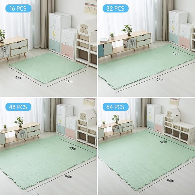 Coolcandy EVA Foam Play Mat, 16 Tiles Colorful Baby Play Mat, Square Kids Playmat with Solid Colored, 0.4" Thickened Interlocking Foam Floor Tiles, Puzzle Play Mat For Baby Lying, Playing (Bean Green)