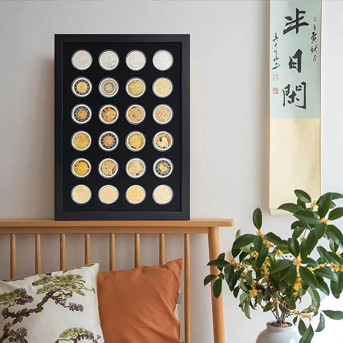 Challenge Coin Display Shadow Box,Military Coin Holder,Challenge Coin Holder Display,Casino Chip Display Case Cabinet Holder, Wood Frame, Tempered Glass Panel,with 24 Coin Capsules,Black Finish.