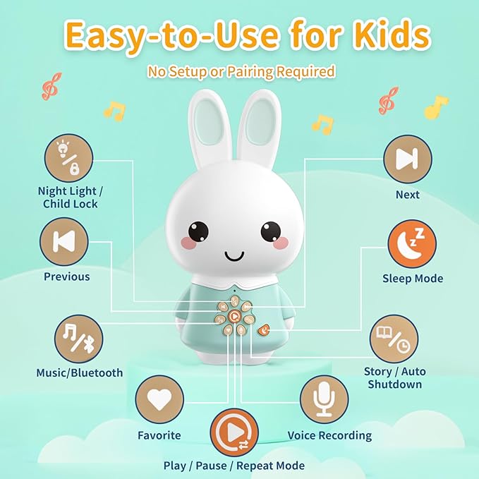 alilo Honey Bunny Pro, Kids Music Player with Night Light, Bluetooth, Recorder, Preloaded 71 Nursery Rhymes, 50 Stories, 55 Soothing Music, Storytelling Toys Gifts for Toddlers Baby Boy Girl, Green