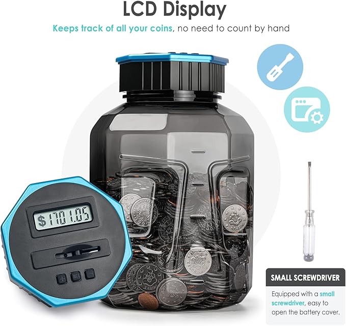 X-Large Piggy Bank for Adults Kids, Vcertcpl Digital Coin Counting Bank with LCD Counter, 2.4L Capacity, Great Coin Counter Bank Money Counting Jar with Total Amount Displayed (Gray2, X-Large)