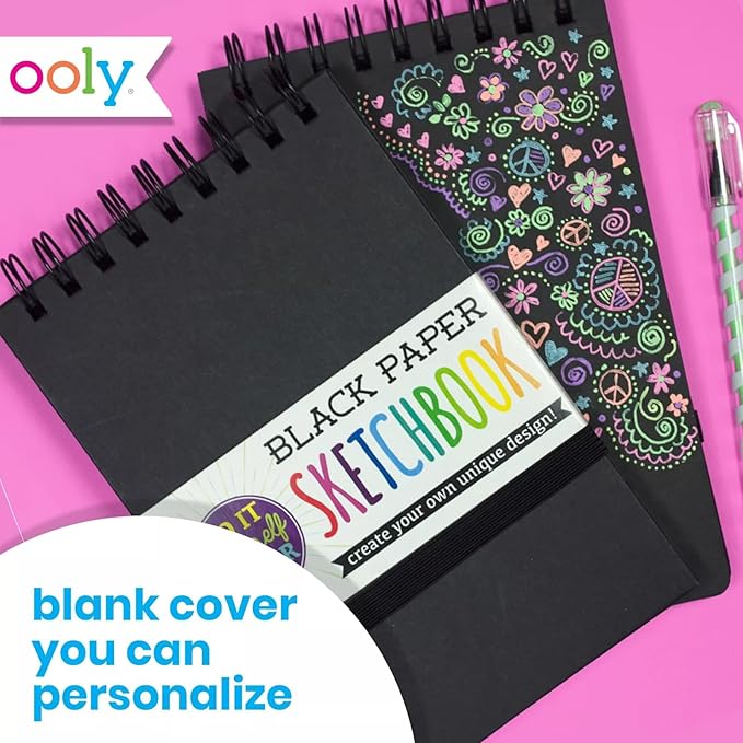 OOLY DIY Cover Large Sketchbook, 8 x 10.5 Inches Black Paper Sketchbook Drawing Book for Kids, Artists Drawing Pad for Gel Pens and White Pencils