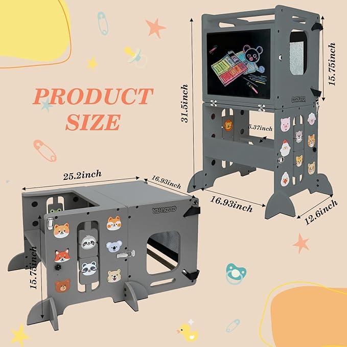 Toddler Kitchen Stool Helper, CPC Certified Foldable Toddler Tower, Learning Wooden Tower with Support Feet and Chalkboard, Anti-Drop Structure, Safe Design for Kids, Grey