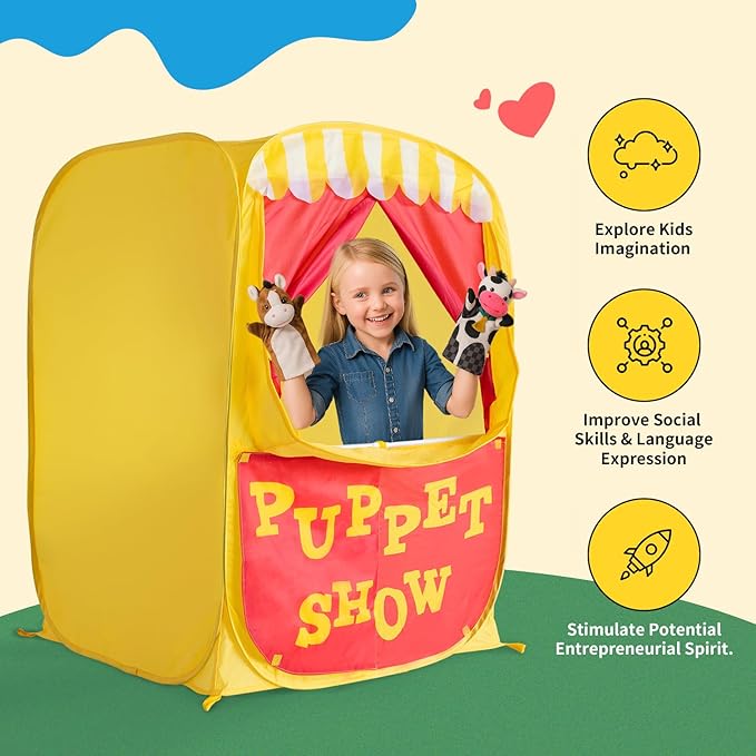 Alvantor Pop Up Puppet Show Theater & Lemonade Stand, Pretend Playhouse Kids Play Tent, Puppet Stage Tabletop Sets for Toddlers Curtain Fordable, Indoor & Outdoor Children Drama 29"X29"X43"H, 1 pc