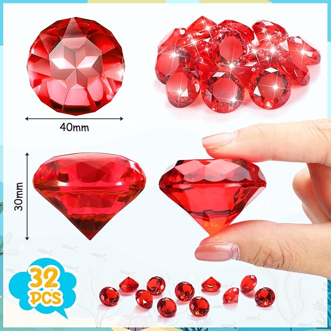 Zomiboo 16 Pcs Acrylic Diamond Large Gems Pirate Round Treasure Toy Gems Treasure Round Gemstones Acrylic Diamond Shaped Gemstones for Home Table Vase Fillers Party Decor (Red)