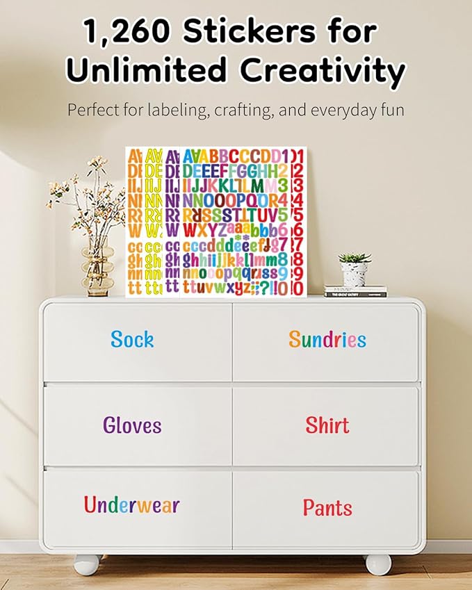 Uniclife 10 Sheets Letter Stickers, 1260 Pcs Scrapbook Stickers, 1 Inch Vinyl Number Alphabet Sticker, Self-Adhesive Stick on Letters for Mailbox Bottles Crafts Posters Decor, 10 Colors