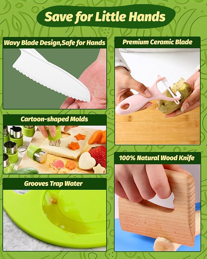 Kids Knife Set for Real Cooking, Toddler Kitchen Tools, Montessori Cooking Set for Toddlers, Ensiven Kid Safe Kitchen Set, Kids Cutting Board and Knife Set, Toddler Safe Kitchen Tools