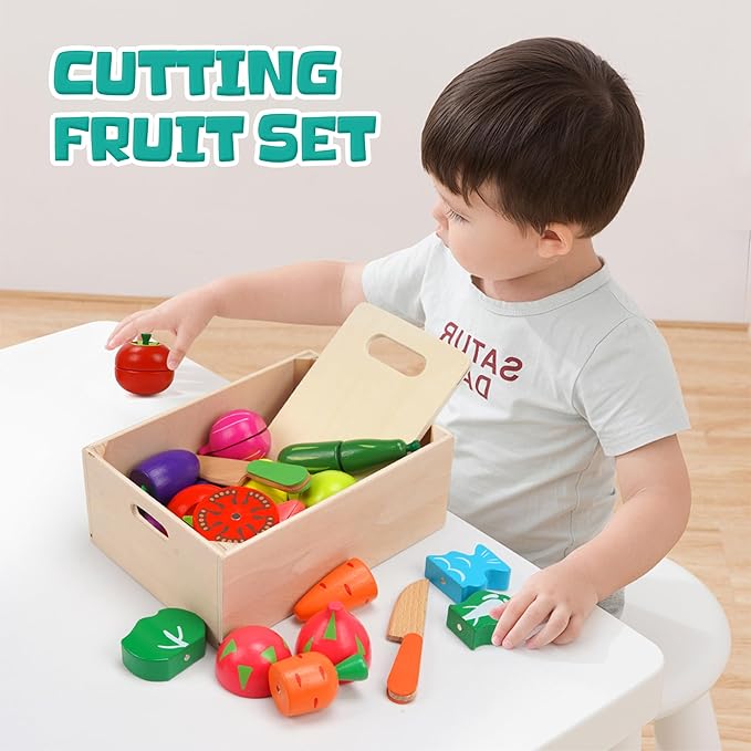 Wooden Play Food for Kids Kitchen, 32PCS Pretend Cutting Fruits Vegetables Food Play Toy Sets, Early Education Montessori Kid Toys, for Toddlers and Kids Ages 3+