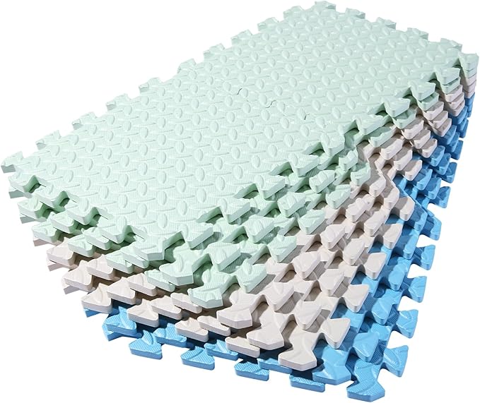 Foam Play Mat for Baby, EVA Soft Non-Toxic Playmat, Interlocking Floor Mats, Solid Colored Foam Puzzled Floor Mats, Baby Play Mat Exercise Mats, 16 Tiles(White/Green/Light Blue)