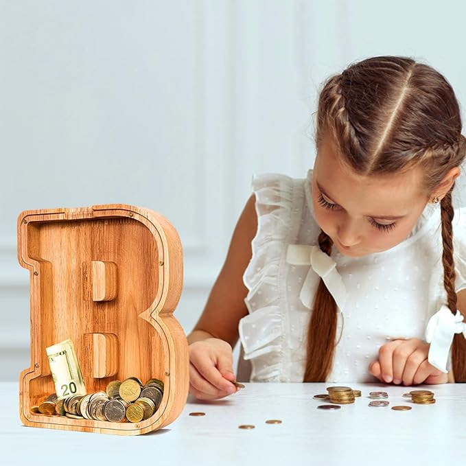 SummiDate Wooden Letter Piggy Bank| Piggy Bank for Boys Girls Toddler| Alphabet B Money Bank| Coin Bank Birthday Gift for Kids|Birthday Easter Gift for Kids (B)