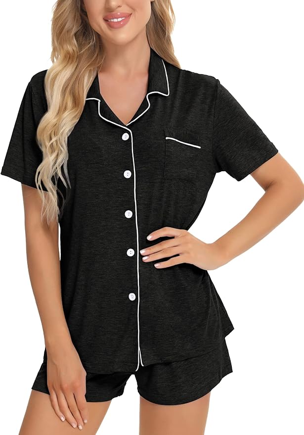 SWOMOG Womens Button Down Pajamas Set Short Sleeve Sleepwear Bride Soft Pj Lounge Sets XS-3XL