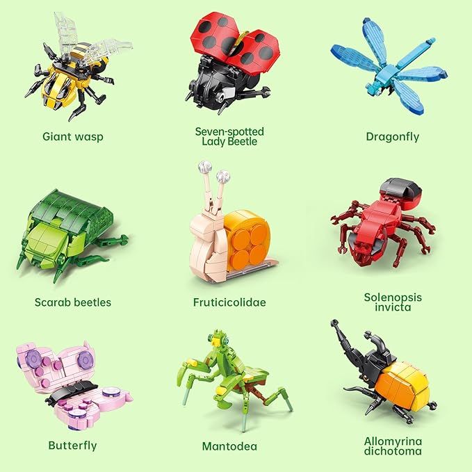 Insect Collection Mini Building Sets,Party Favors for Kids 9 Pack Insect Bug Blocks Toy,Christmas, Birthday Party Gifts for Boys and Girls(972PCS)