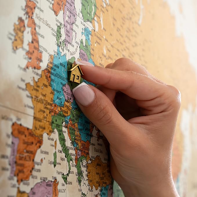 Canvas World Map with Cork Pin Board - English Lettering - Decorative Wall Decoration for All Rooms - Canvas Pictures with World Map Motif (120x80 cm, Pattern 3)