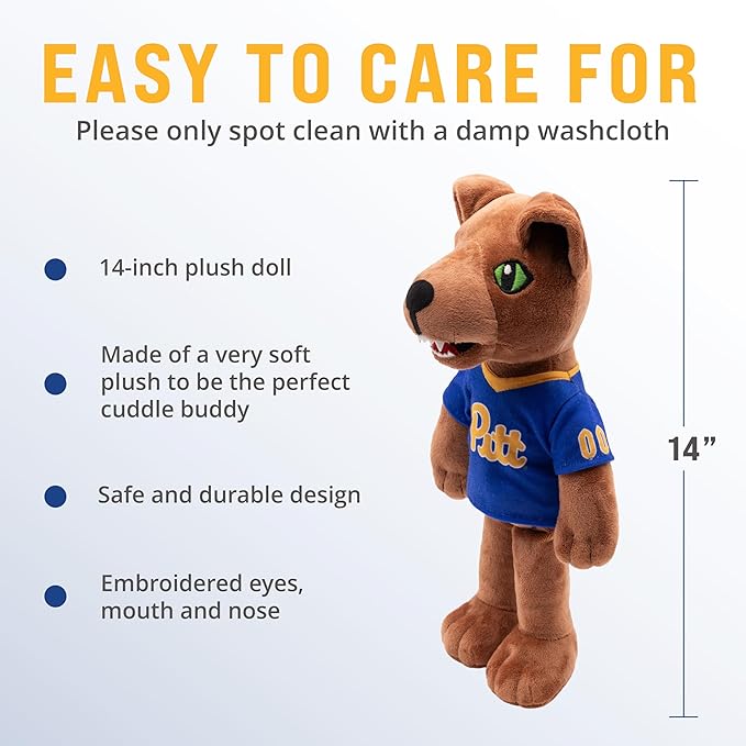 Playtime by Eimmie 14" Pitt Panther Plush Doll – Soft Rag Doll Mascot for College Football Fans, Sports-Themed Plush Figure for Kids, Toddlers & Collectors, Surface Washable