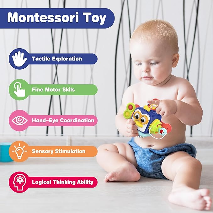 SOONYANG Montessori Toys for 1 Year Old, Activity Cube Toys for 1 Year Old Boy,Travel Sensory Toy for Toddlers 1-3, One Year Old Boy Birthday Gift, Learning Baby Toy 12-18 Months