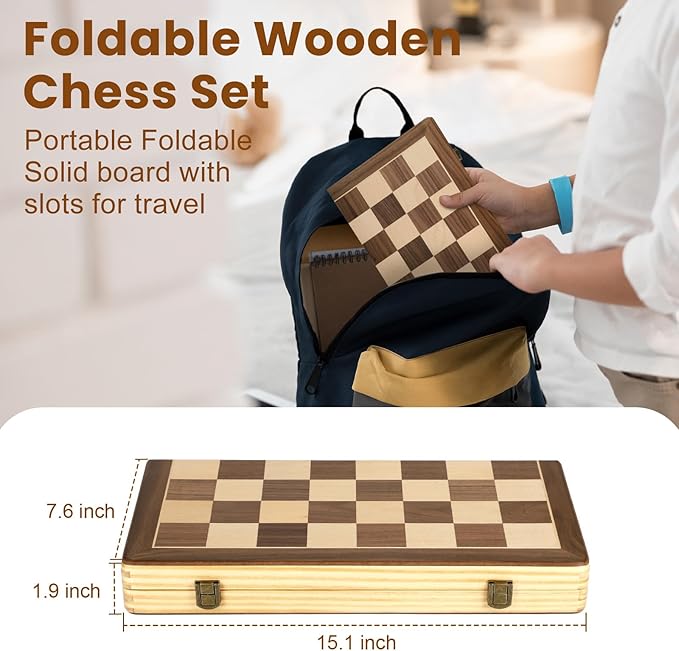 LEAP Magnetic Wooden Chess Sets 15.5 inch Foldable Chess Board 3 inch King Height Chess Pieces, Upper Checker Storage Slots for Beginer, Adults