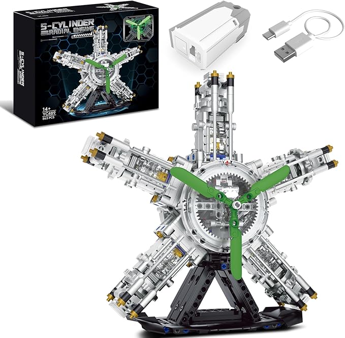 5-Cylinder Radial Engine Building Set, Build Your Own Mini Military Plane Engine Model Kit That Runs, Compatible with Lego WW2, STEM Toy Gifts for Adults & Kids Boys 8-14 (863 PCS)