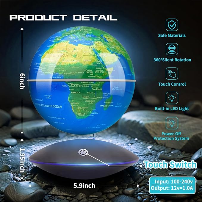 Magnetic Levitating Globe with LED Light, 360°Rotating Floating Globe World Map for Home Office Display, Cool Tech Gift for Men Father Boys and Girls, Ideal for Birthdays Anniversaries