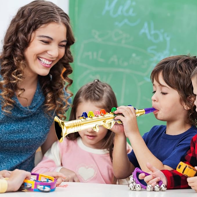 Amylove Set of 2 Musical Instruments for Kids Including Toy Saxophone and Kids Clarinet Plastic Toy Instruments Saxophone Clarinet with 8 Colored Keys Educational Home School Music Gift(Gold)