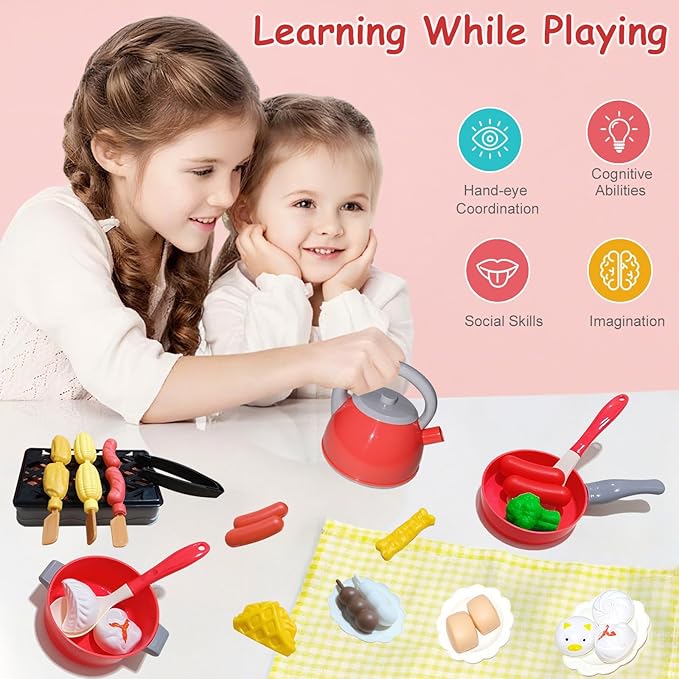 Kids Kitchen Toy Accessories, 61PCS Toddler Pretend Cooking Play Pots, Kitchen Playset, Play Pots, Pans, Utensils Cookware Toys, Play Food Set, Vegetables, Learning Gift for Girls Boys (Red)