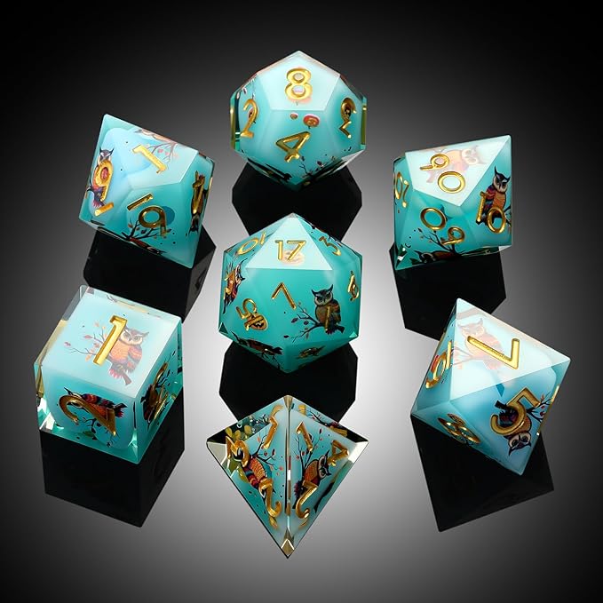 DNDND Owl Aqua Blue Translucent Resin Dice Set - 7-Piece Sharp Edge RPG Dice for D&D with Stickers, Handcrafted Premium Metal Case Gift