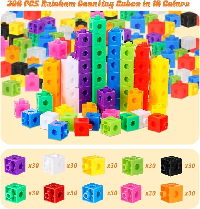 Jenaai 300 Pcs Counting Cubes, Plastic Connecting Blocks, Colorful Math Cubes, Math Manipulatives Classroom Learning Supplies, Preschool Learning Materials, Counting Toys(Classic Style)