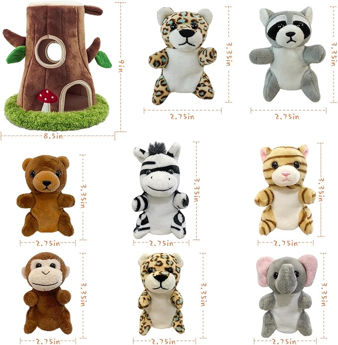 9 Pcs Finger Puppets Set Mini Toys, Soft Plush Jungle Animal Finger Puppet for Kids Mini Stuffed Animals with Tree Hole House,Finger Puppets for Toddlers Role-Playing Storytelling Christmas School