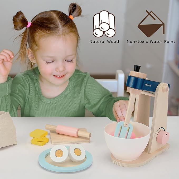 Wooden Stand Mixer Toy for Kids – Pretend Baking Playset with Accessories, Toddler Safe Learning Toy for Early Math & Creativity, Play Kitchen Accessories for Kids Ages 3+