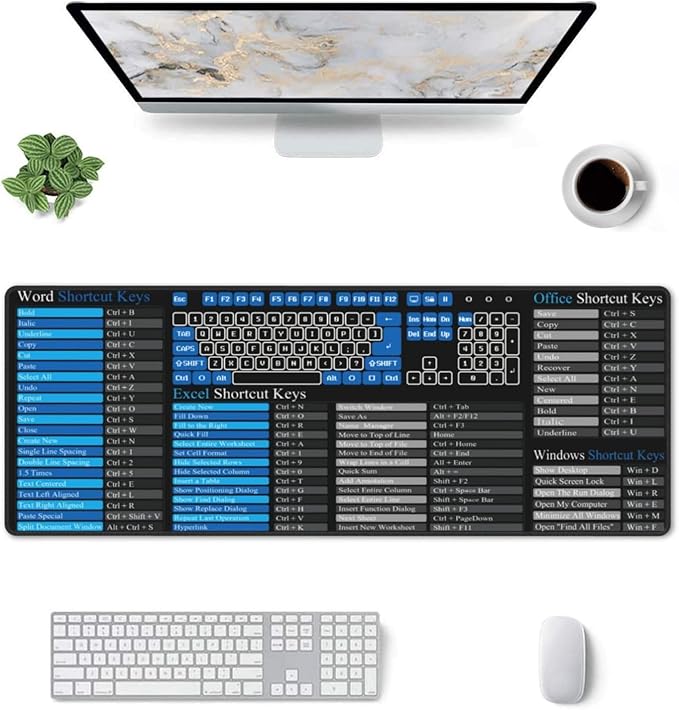 Excel Mouse Pad，Excel Cheat Sheet Desk Pad，Gaming Mouse Pad, Non-Slip Rubber Base Mousepad, Stitched Edges, 31.5x11.8 inch for Home Office