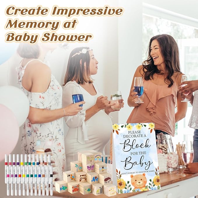 146 Pcs Baby Shower Game Sign Set Includes Decorative Square 54 DIY Blank Wooden Blocks 24 Paint Markers 27 Page Baby‘s First ABC Book (Fox)