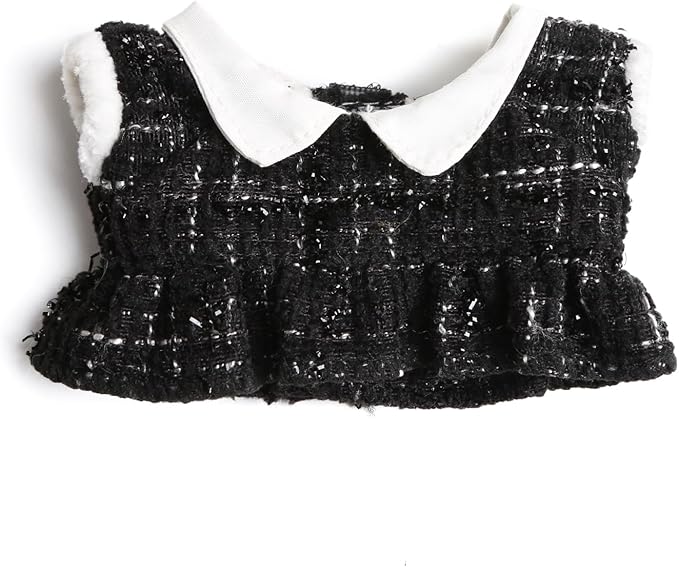 17cm Doll Clothes for Labubu - Luxury Chic Style Set for 17cm Dolls Outfit - Accessories for Dolls Clothes -Black Plaid Tweed Dress + White Necktie + Black Bow (No Doll)
