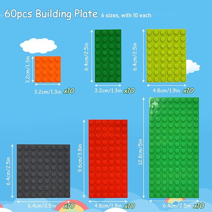 Classic Building Plate, 60pcs Random Mixed Colour with 6 Size Building Plate Base Plate, Compatible with Lego Parts and Pieces, Building Bricks, for Most Brands