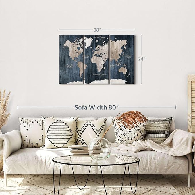 ElephantStock Aged Blue World Map I Canvas - 3 Panel Wall Decor - World Map Digital Art - Blue Wall Art - 38" X 24"
