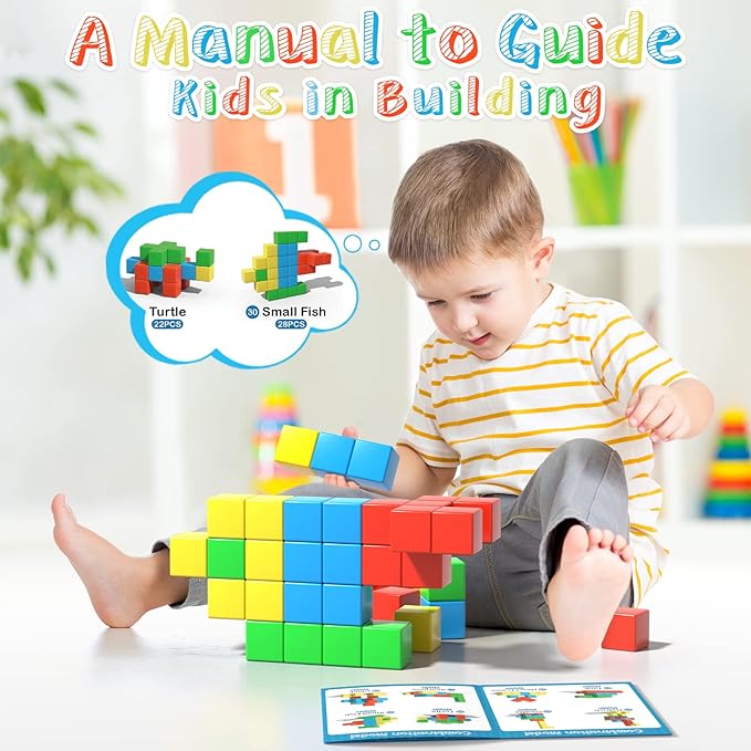Magnetic Blocks, 1.34 inch Large Magnetic Building Blocks, 3D Magnetic Cubes for Toddlers, Preschool Educational Construction Kit, Sensory Montessori Toys Kids Blocks for Boys Girls Toddlers
