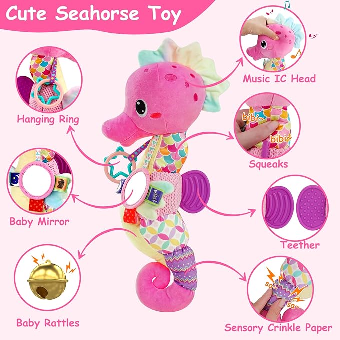 Baby Sensory Toys 0-6 3-6 Months Musical Stuffed Animal Plush Pink Seahorse for Infant 6-12 Month Tummy Time with Baby Mirror Newborn Crinkle Developmental Toy Girls Boys Birthday Gifts 0-3 4 5 Month