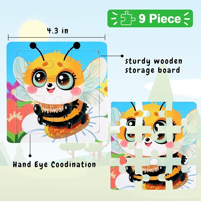 8 Pack Jigsaw Puzzles for Toddlers 1-2 3-6, 9 Piece Farm Animal Wooden Puzzles for Toddlers, Children Learning Educational Puzzles Toys for Boys Girls (Style 1)